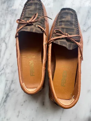 Fendi Brown Zucca Canvas & Leather Bow Loafers