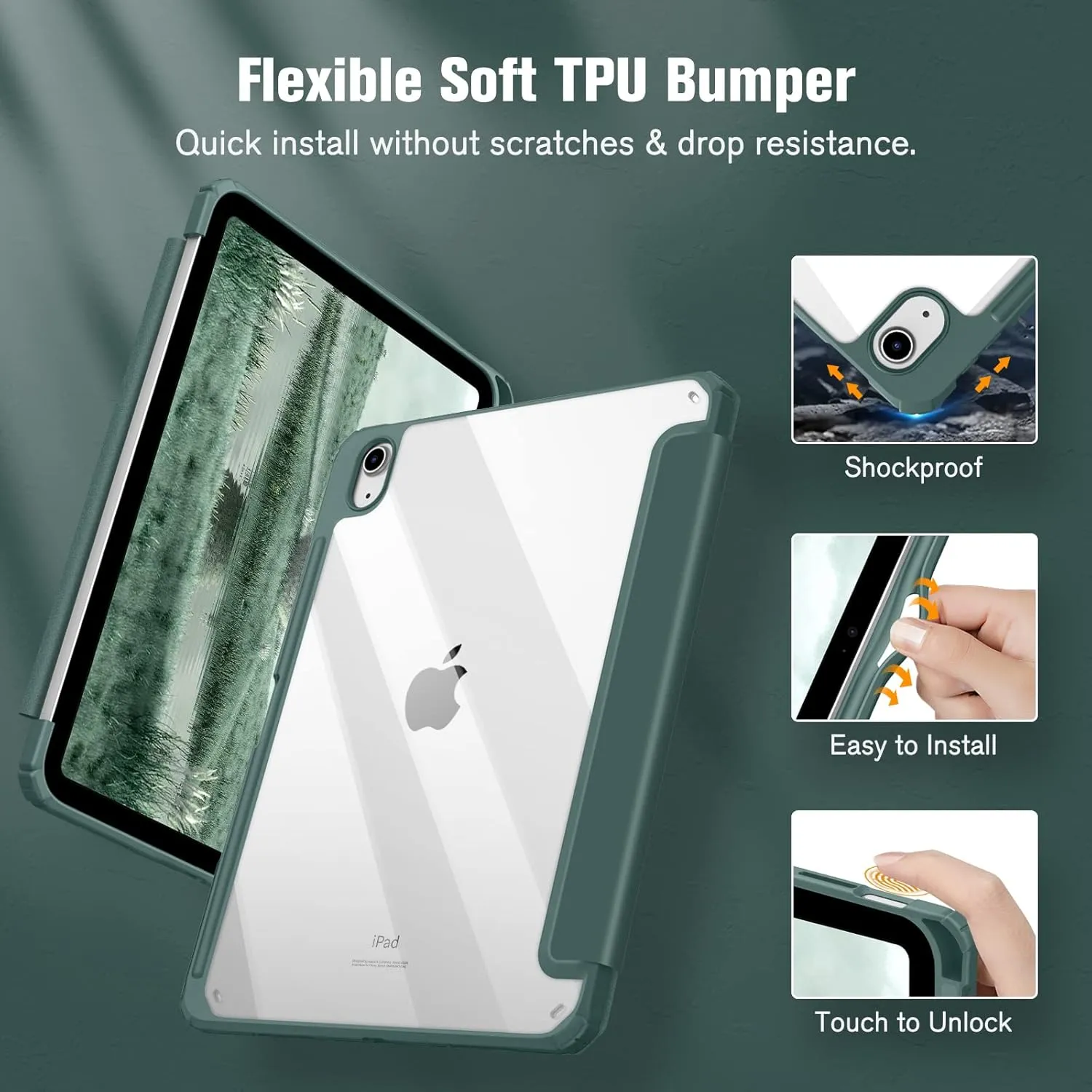 Fintie Hybrid Slim Case for iPad (A16) 11th Generation 11 Inch (2025), iPad 10th Generation 10.9 Inch (2022) - Shockproof Cover with Clear Transparent Back Shell & Pencil Holder, Midnight Green