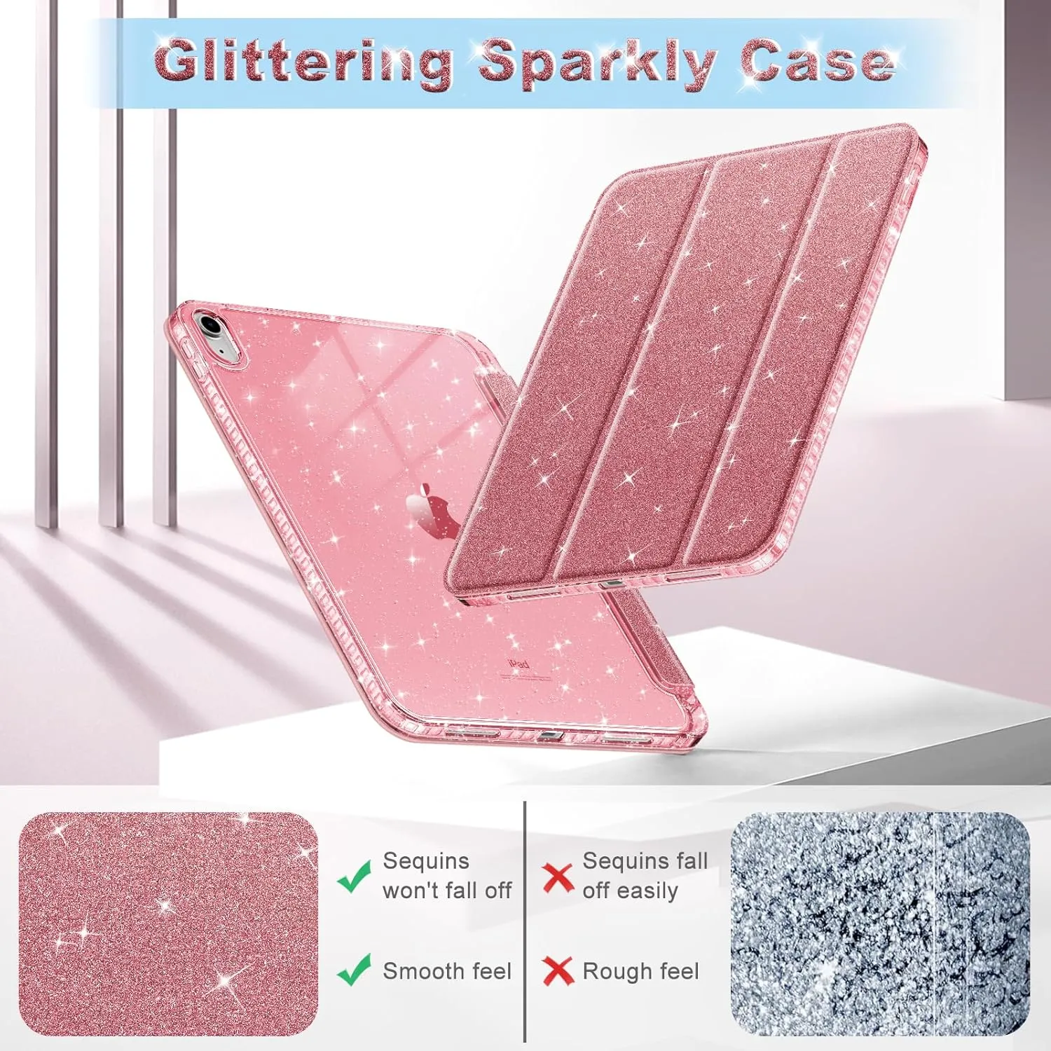 Fintie Slim Case for iPad (A16) 11th Generation 11 Inch (2025), iPad 10th Generation 10.9 Inch (2022) - Glittering Sparkly Shockproof Cover with Shiny Clear Back Shell & Pencil Holder, Rose Gold