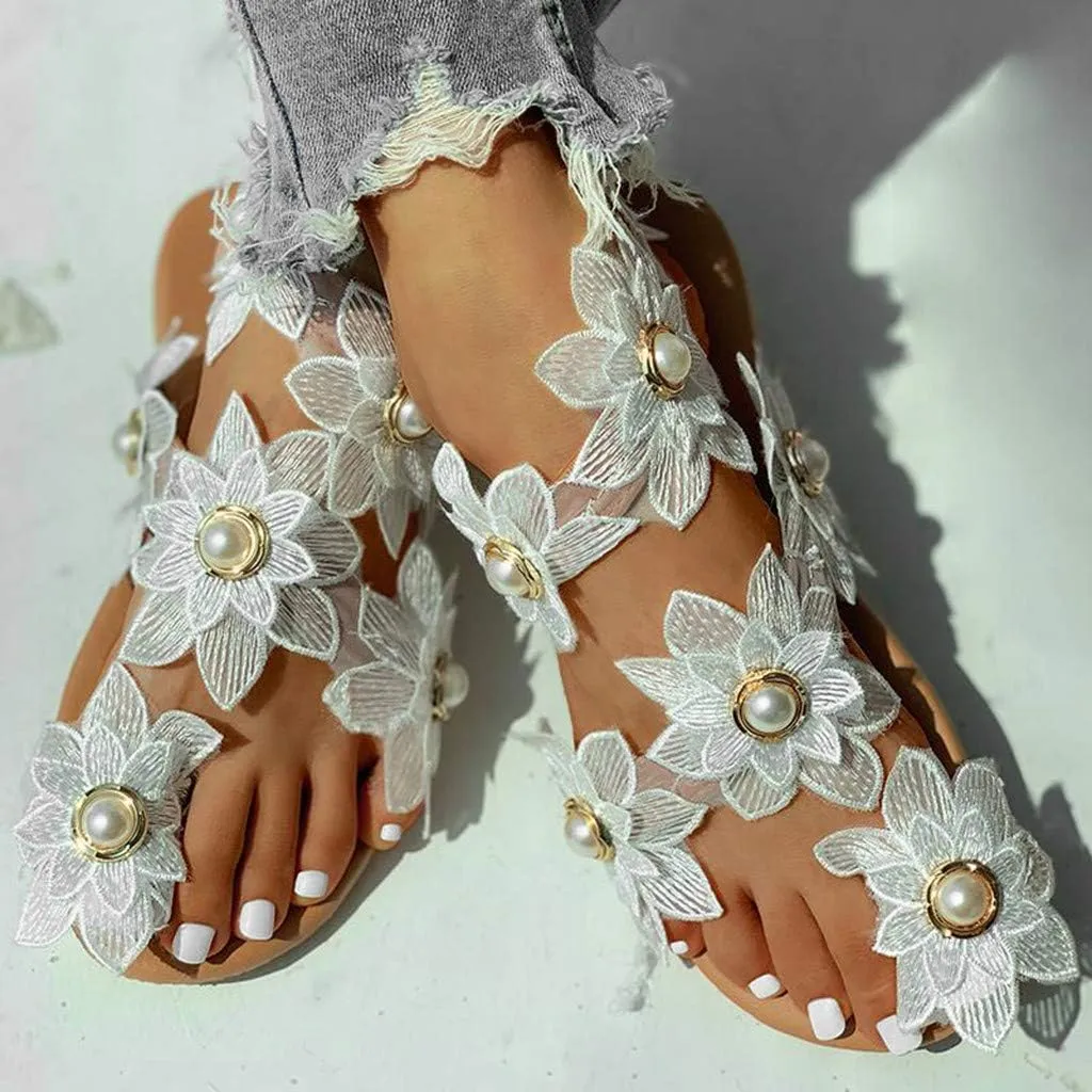 Flat Sandals for Women Dressy Summer Beaded Flip-Flop Bohemia Bling Rhinestone Thong Sandals Roman Shoes with Ankle Strap