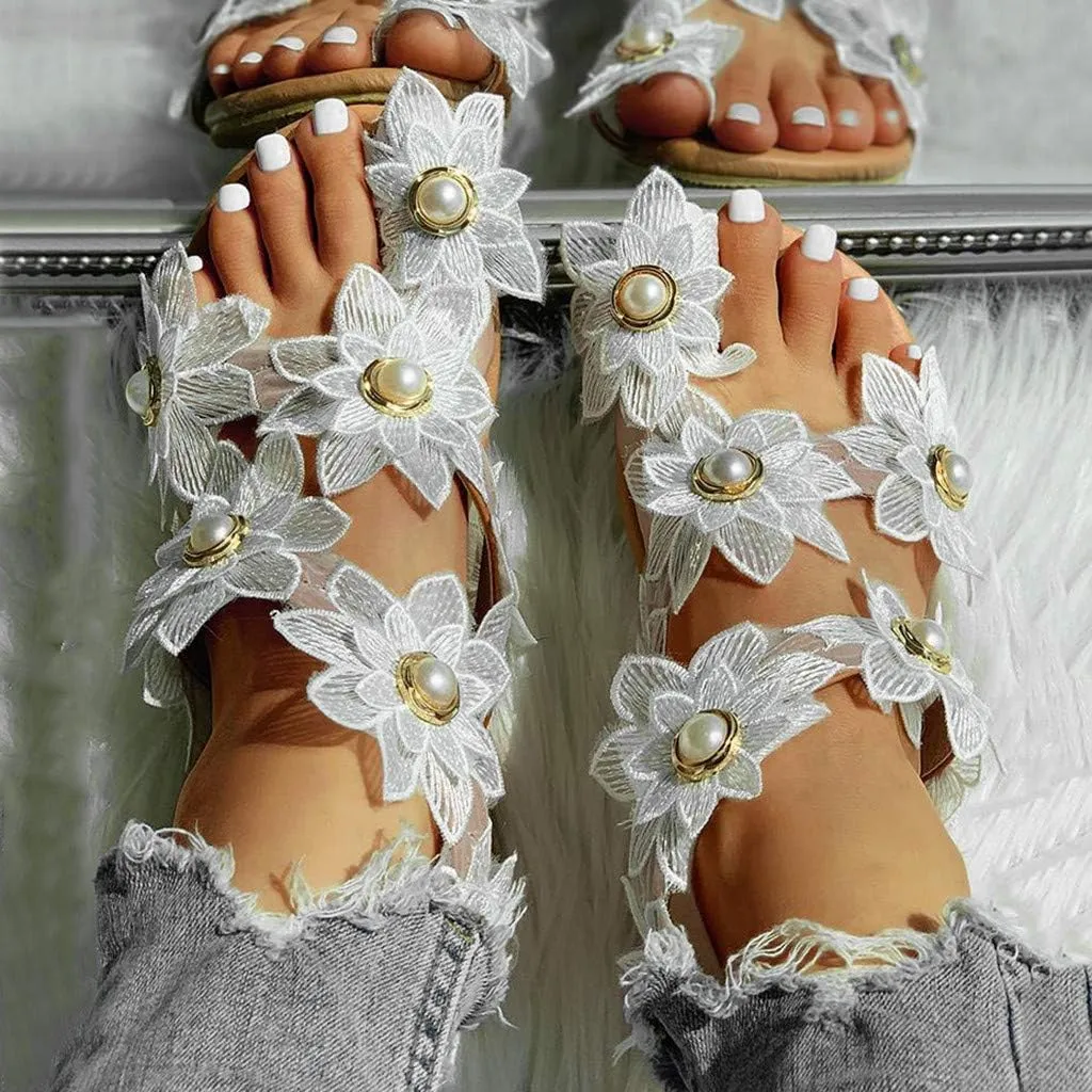 Flat Sandals for Women Dressy Summer Beaded Flip-Flop Bohemia Bling Rhinestone Thong Sandals Roman Shoes with Ankle Strap
