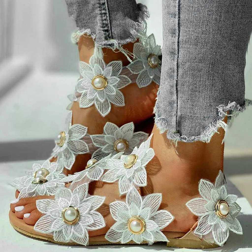 Flat Sandals for Women Dressy Summer Beaded Flip-Flop Bohemia Bling Rhinestone Thong Sandals Roman Shoes with Ankle Strap