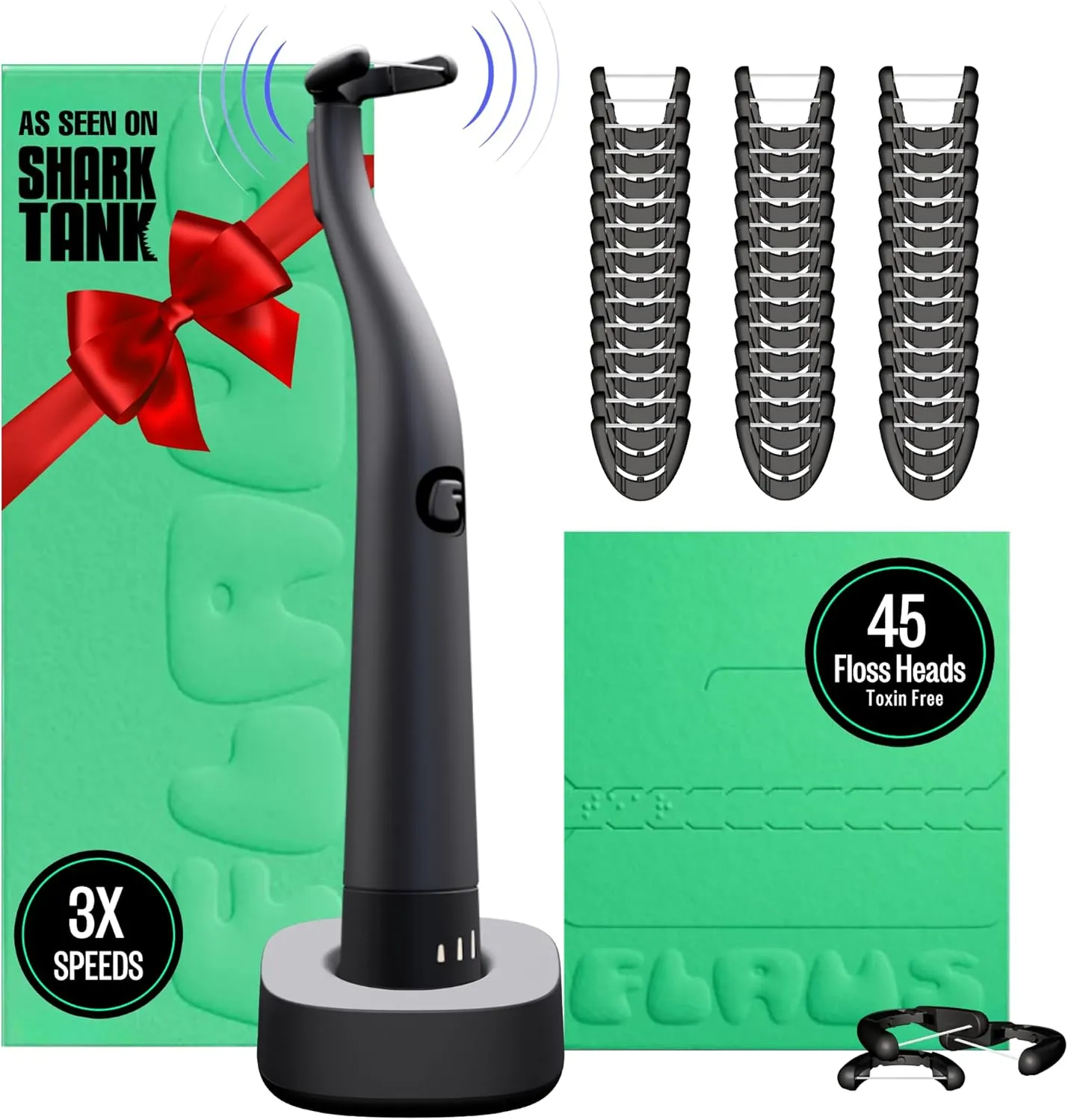FLAUS Electric Flosser (Shark Tank) 3 Speeds   45 Refill Heads w/Gentle Gliding Floss for Sensitive Gum Care - Water Flosser Alternative, Dentist Recommended Tooth Flossers, Eco Dental Floss Picks