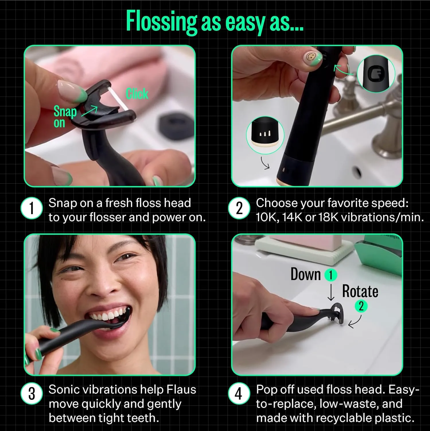 FLAUS Electric Flosser (Shark Tank) 3 Speeds   45 Refill Heads w/Gentle Gliding Floss for Sensitive Gum Care - Water Flosser Alternative, Dentist Recommended Tooth Flossers, Eco Dental Floss Picks