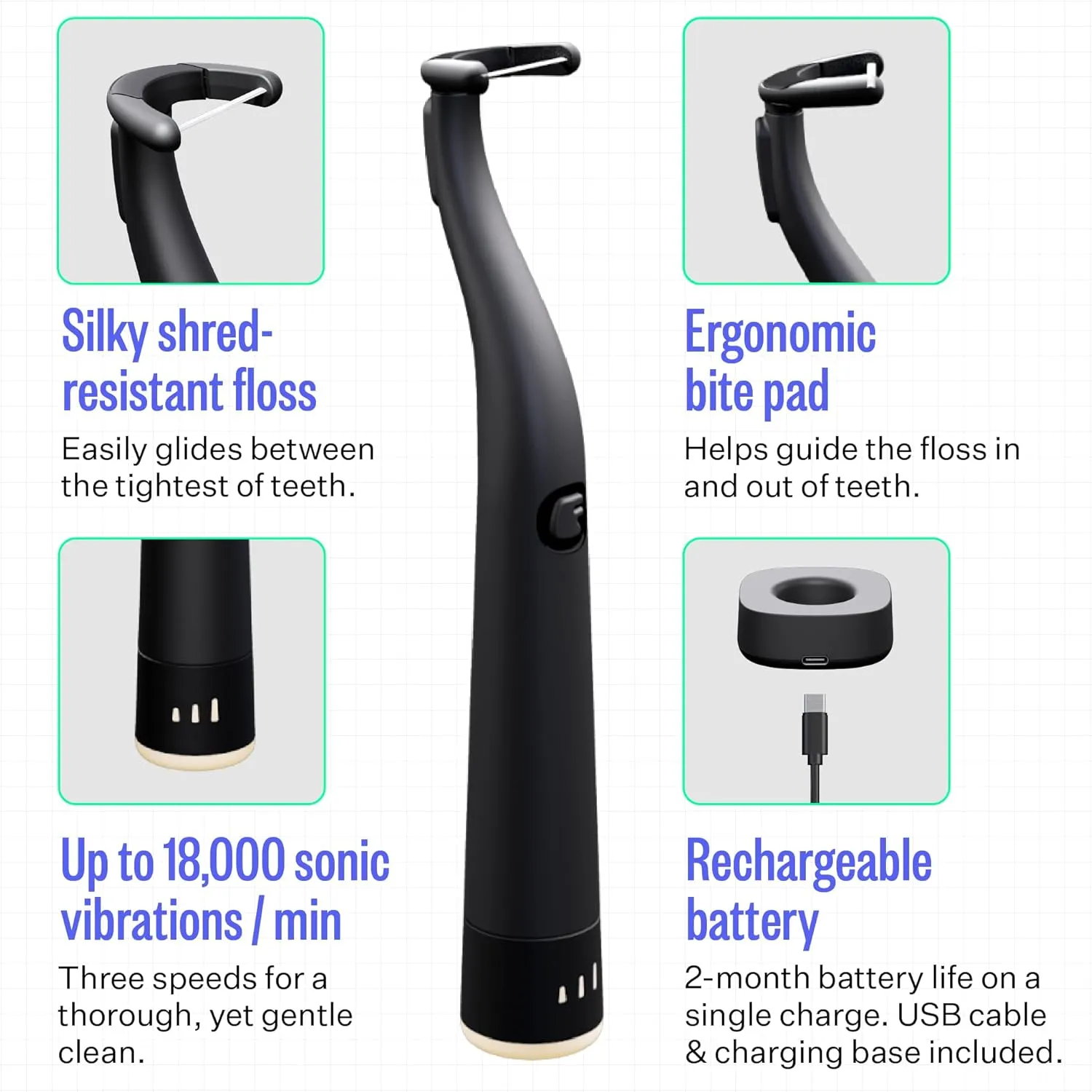 FLAUS Electric Flosser (Shark Tank) 3 Speeds   45 Refill Heads w/Gentle Gliding Floss for Sensitive Gum Care - Water Flosser Alternative, Dentist Recommended Tooth Flossers, Eco Dental Floss Picks