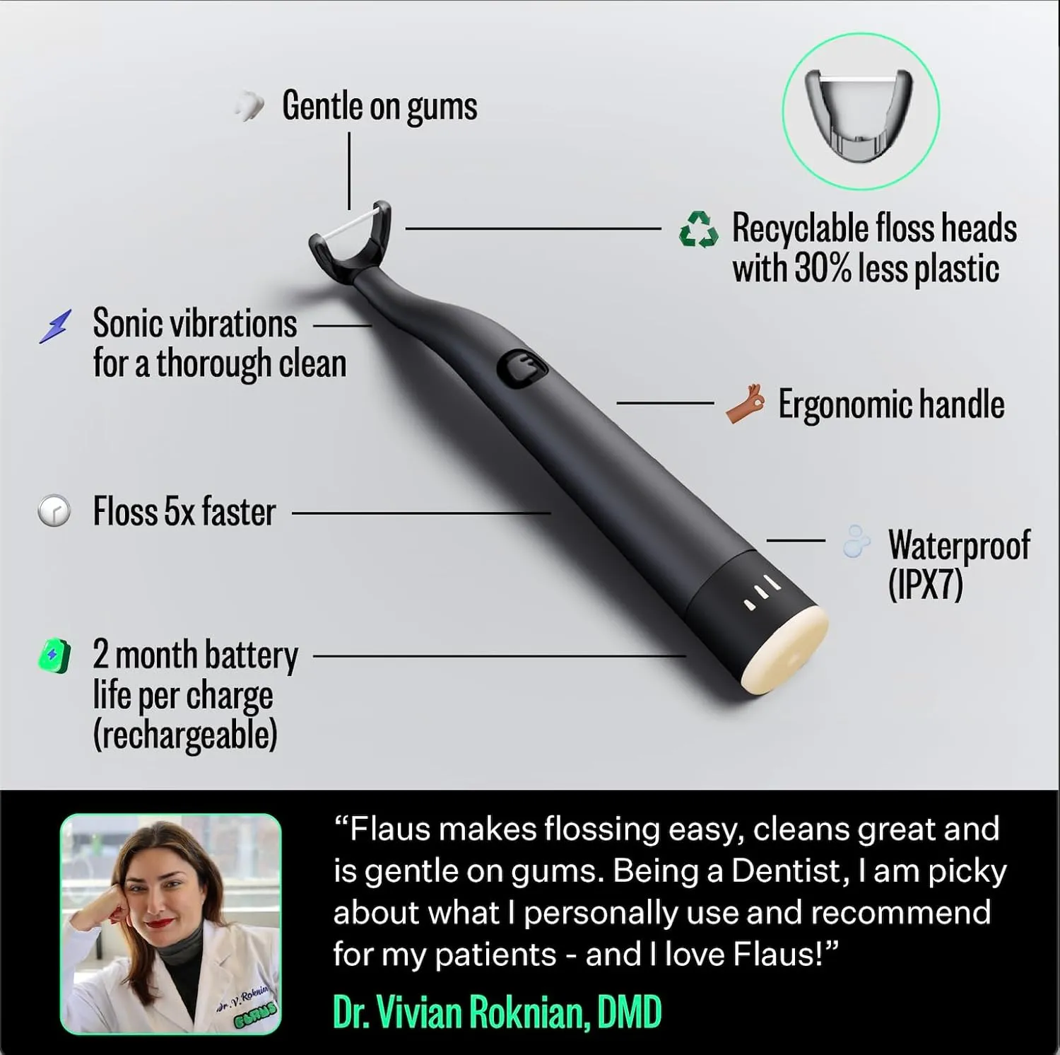 FLAUS Electric Flosser (Shark Tank) 3 Speeds   45 Refill Heads w/Gentle Gliding Floss for Sensitive Gum Care - Water Flosser Alternative, Dentist Recommended Tooth Flossers, Eco Dental Floss Picks