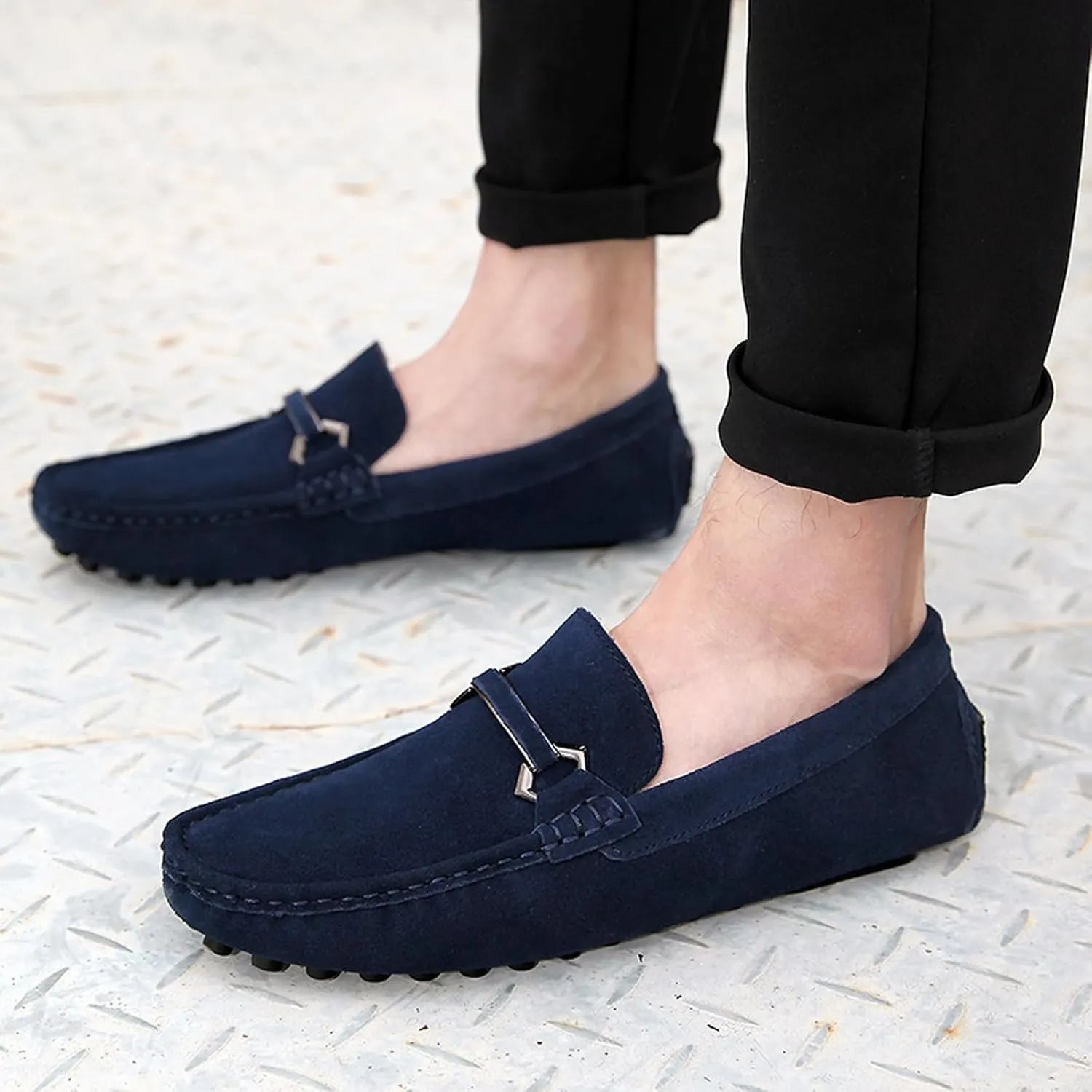 FLIOZY Men's Suede Slip-On Loafers with Metal Buckle | Round Toe Casual Shoes | Microfiber Lining & Comfort Driving Design