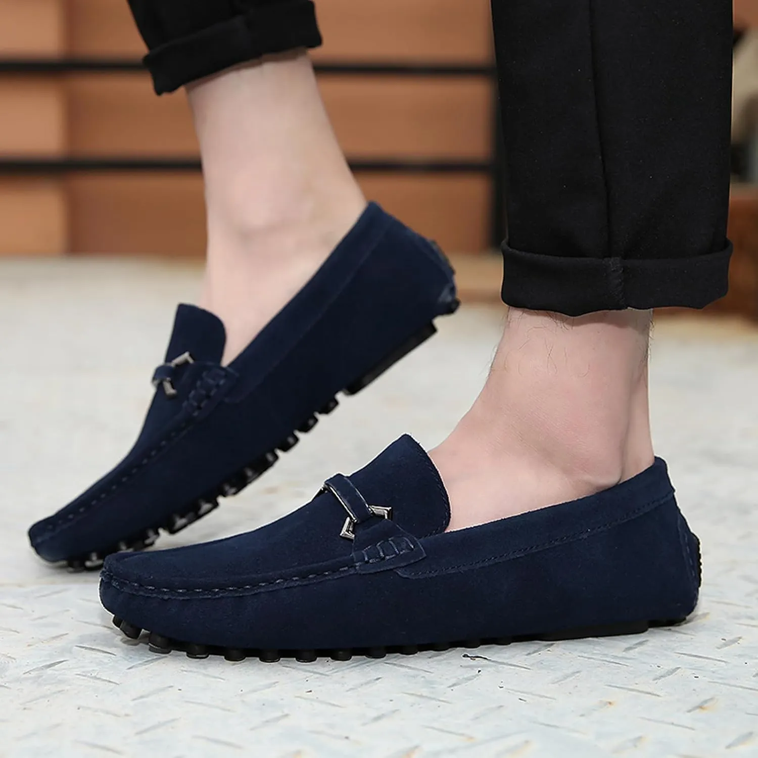 FLIOZY Men's Suede Slip-On Loafers with Metal Buckle | Round Toe Casual Shoes | Microfiber Lining & Comfort Driving Design