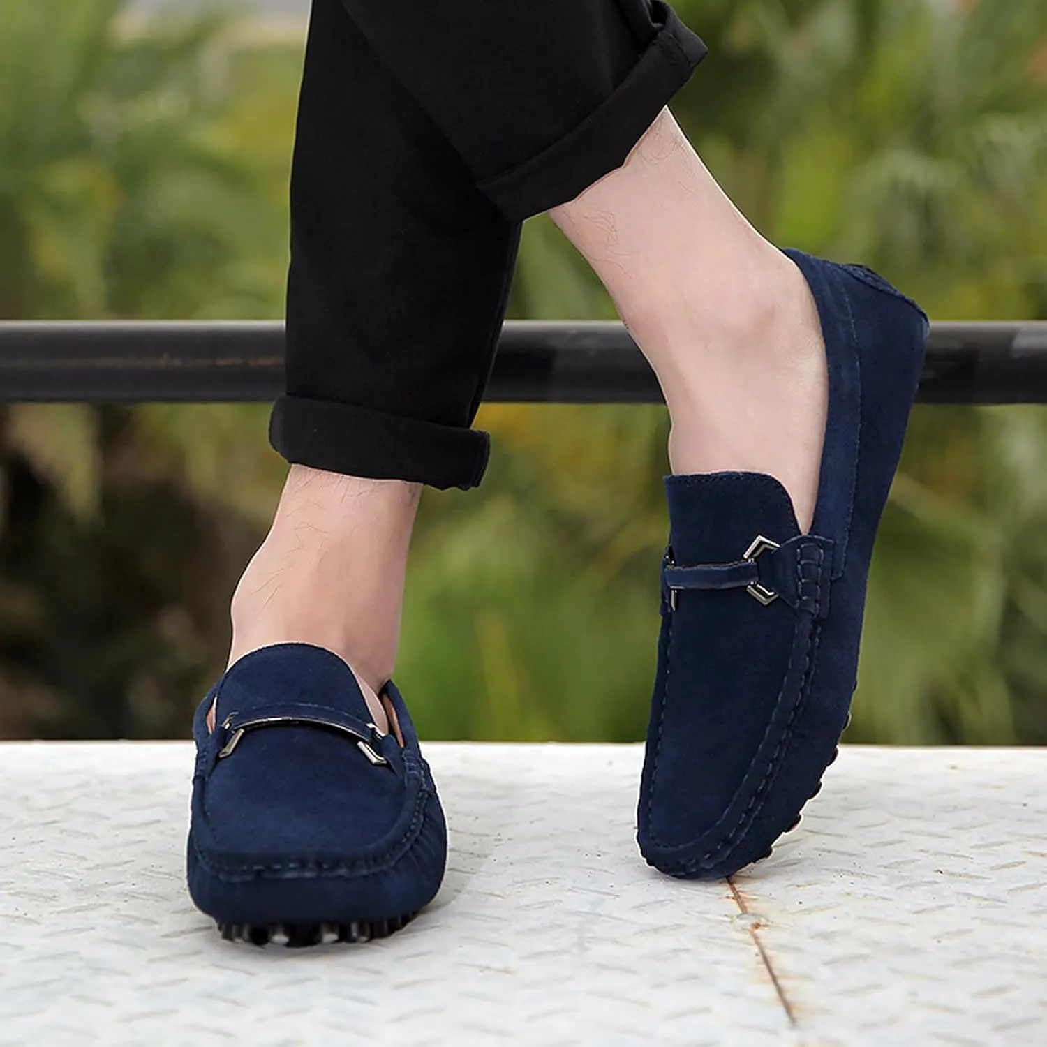 FLIOZY Men's Suede Slip-On Loafers with Metal Buckle | Round Toe Casual Shoes | Microfiber Lining & Comfort Driving Design