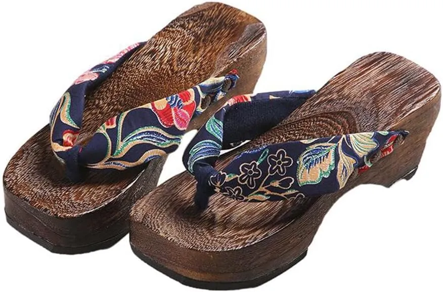 Flip-Flops Women's Printed Kimono Clogs Slippers,Japanese Traditional Sandals Geta Wooden Kimono Flip Flops Thick Sole Sashion Slippers(Size:EU 38,Color:Purple)