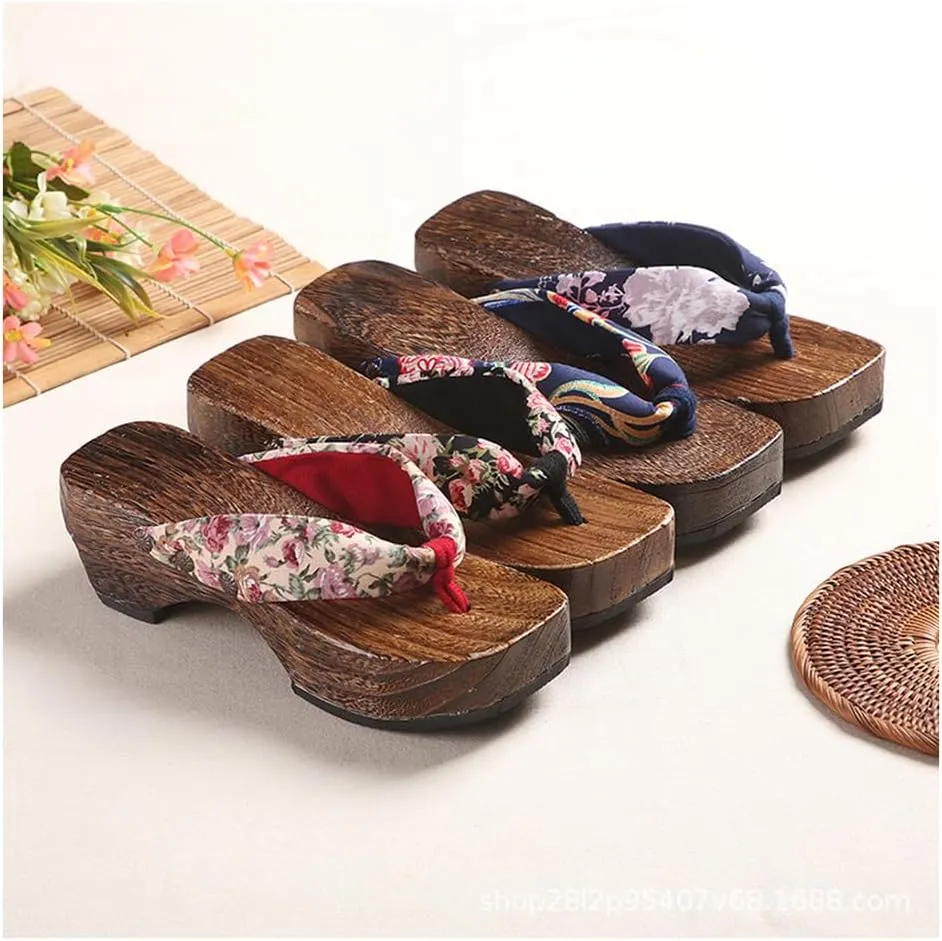 Flip-Flops Women's Printed Kimono Clogs Slippers,Japanese Traditional Sandals Geta Wooden Kimono Flip Flops Thick Sole Sashion Slippers(Size:EU 38,Color:Purple)