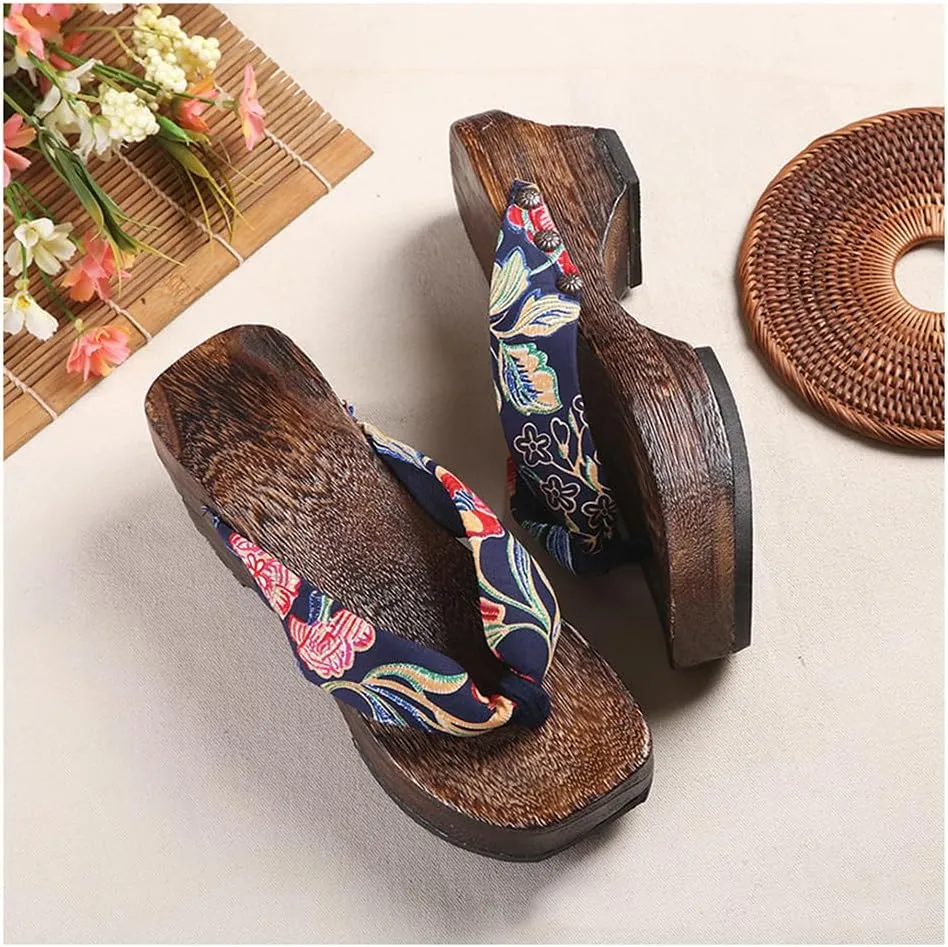 Flip-Flops Women's Printed Kimono Clogs Slippers,Japanese Traditional Sandals Geta Wooden Kimono Flip Flops Thick Sole Sashion Slippers(Size:EU 38,Color:Purple)