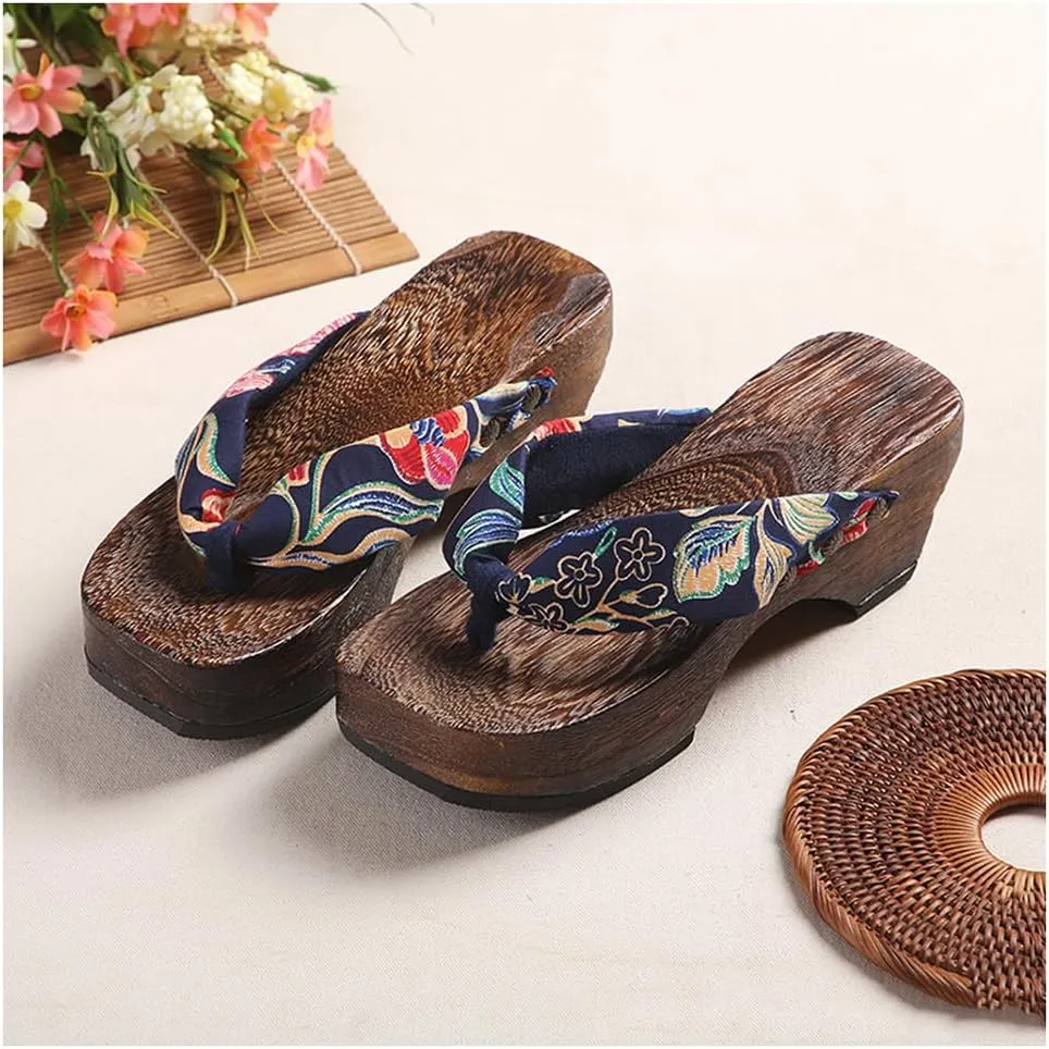 Flip-Flops Women's Printed Kimono Clogs Slippers,Japanese Traditional Sandals Geta Wooden Kimono Flip Flops Thick Sole Sashion Slippers(Size:EU 38,Color:Purple)