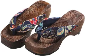 Flip-Flops Women's Printed Kimono Clogs Slippers,Japanese Traditional Sandals Geta Wooden Kimono Flip Flops Thick Sole Sashion Slippers(Size:EU 38,Color:Purple)