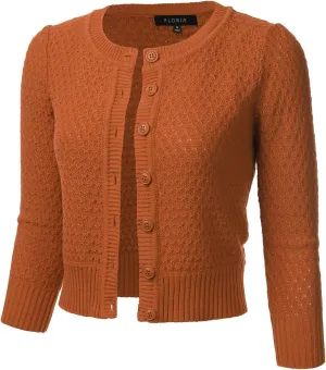 FLORIA Women's Button Down 3/4 Sleeve Crew Neck Cotton Knit Cropped Cardigan Sweater (S-3X)