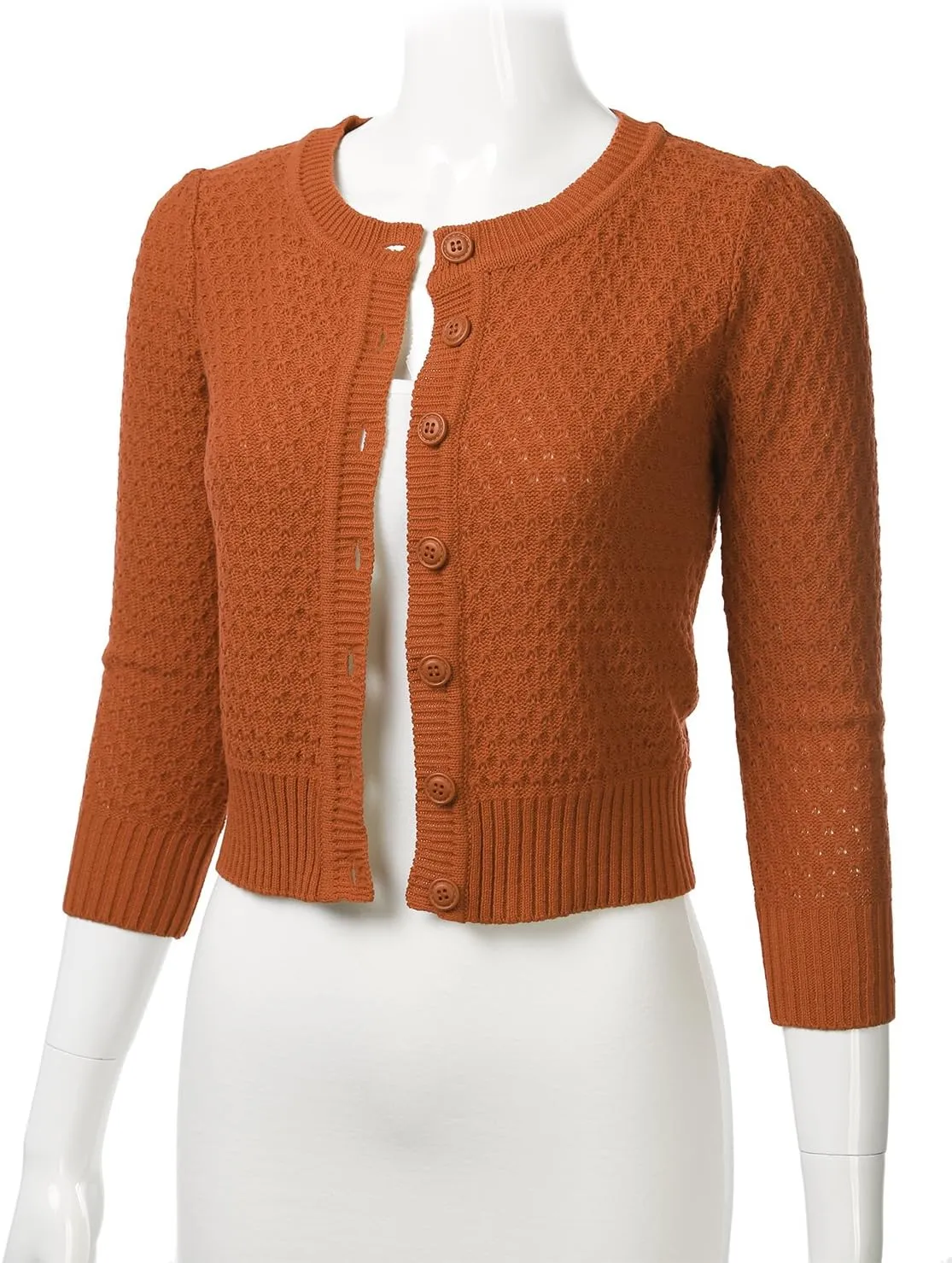 FLORIA Women's Button Down 3/4 Sleeve Crew Neck Cotton Knit Cropped Cardigan Sweater (S-3X)