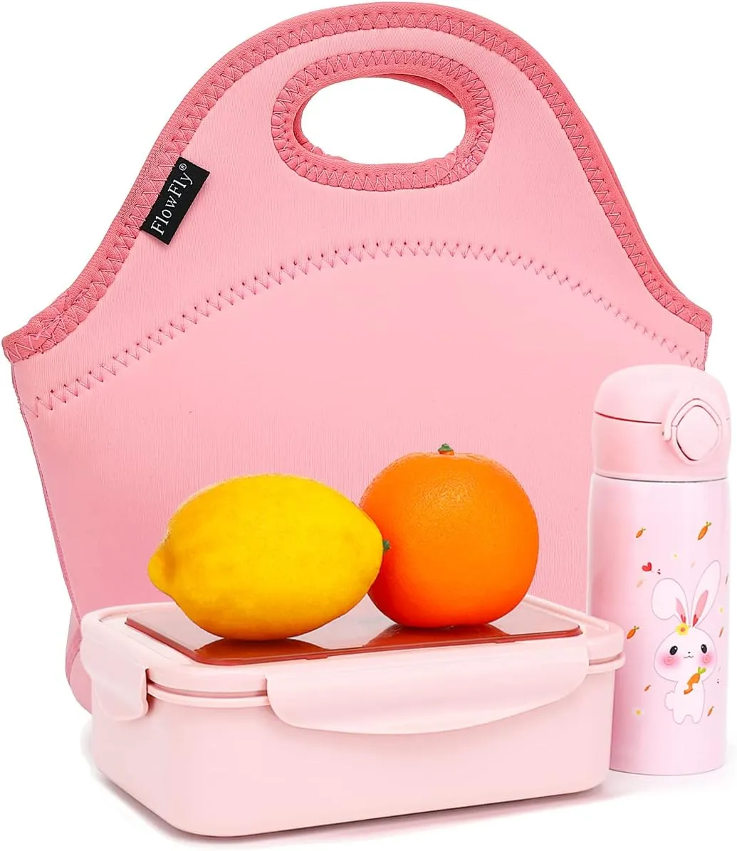 FlowFly Neoprene Kids Lunch box Insulated Soft Bag Mini Cooler Thermal Meal Tote Kit for Boys, Girls,Men,Women,School,Work, Office, Pink