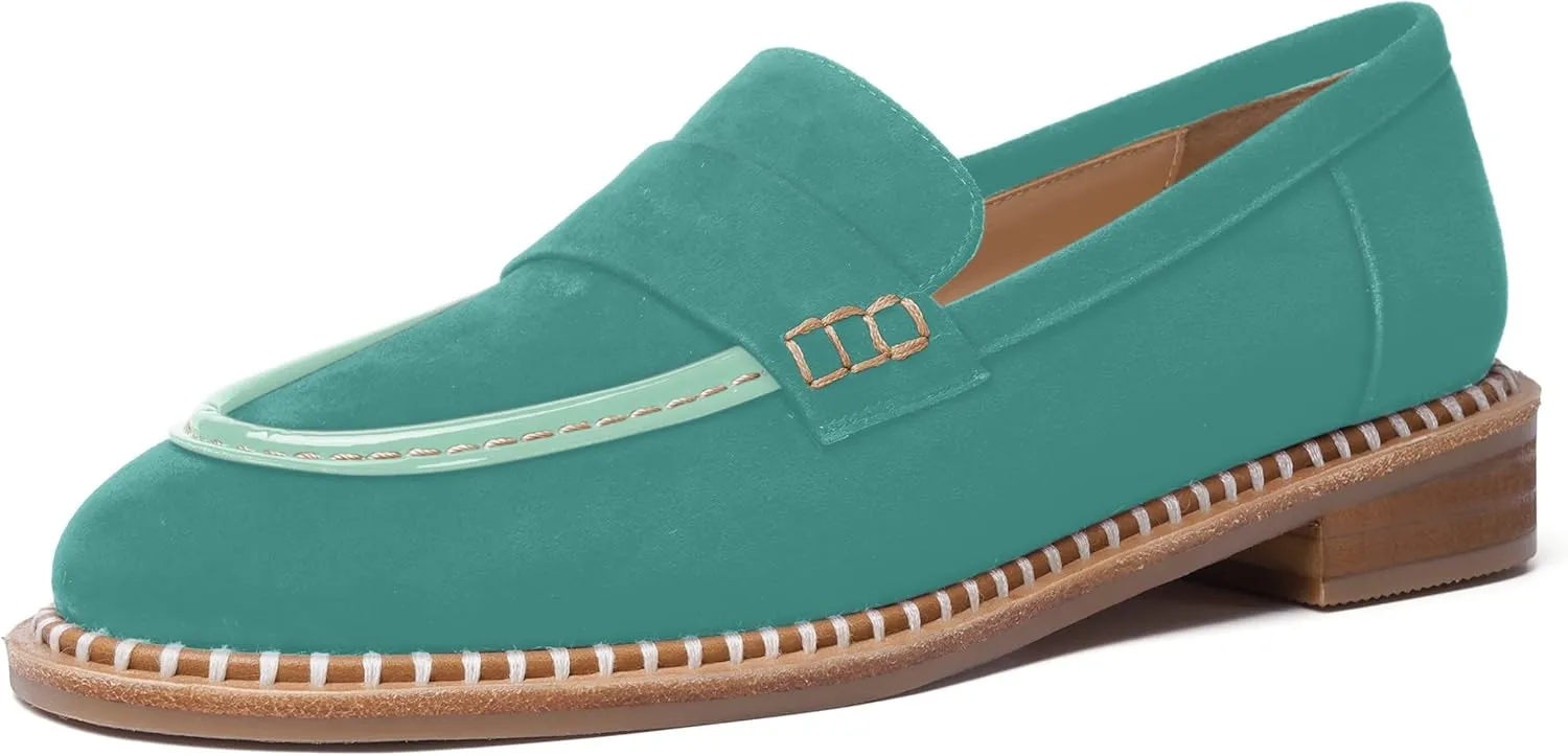 FOGEENA Womens Penny Round Toe Casual Fashion Slip On Suede Leather Chunky Low Heel Loafers Dress Shoes 1 Inch