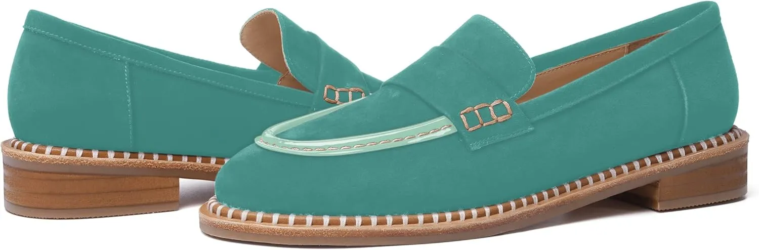 FOGEENA Womens Penny Round Toe Casual Fashion Slip On Suede Leather Chunky Low Heel Loafers Dress Shoes 1 Inch