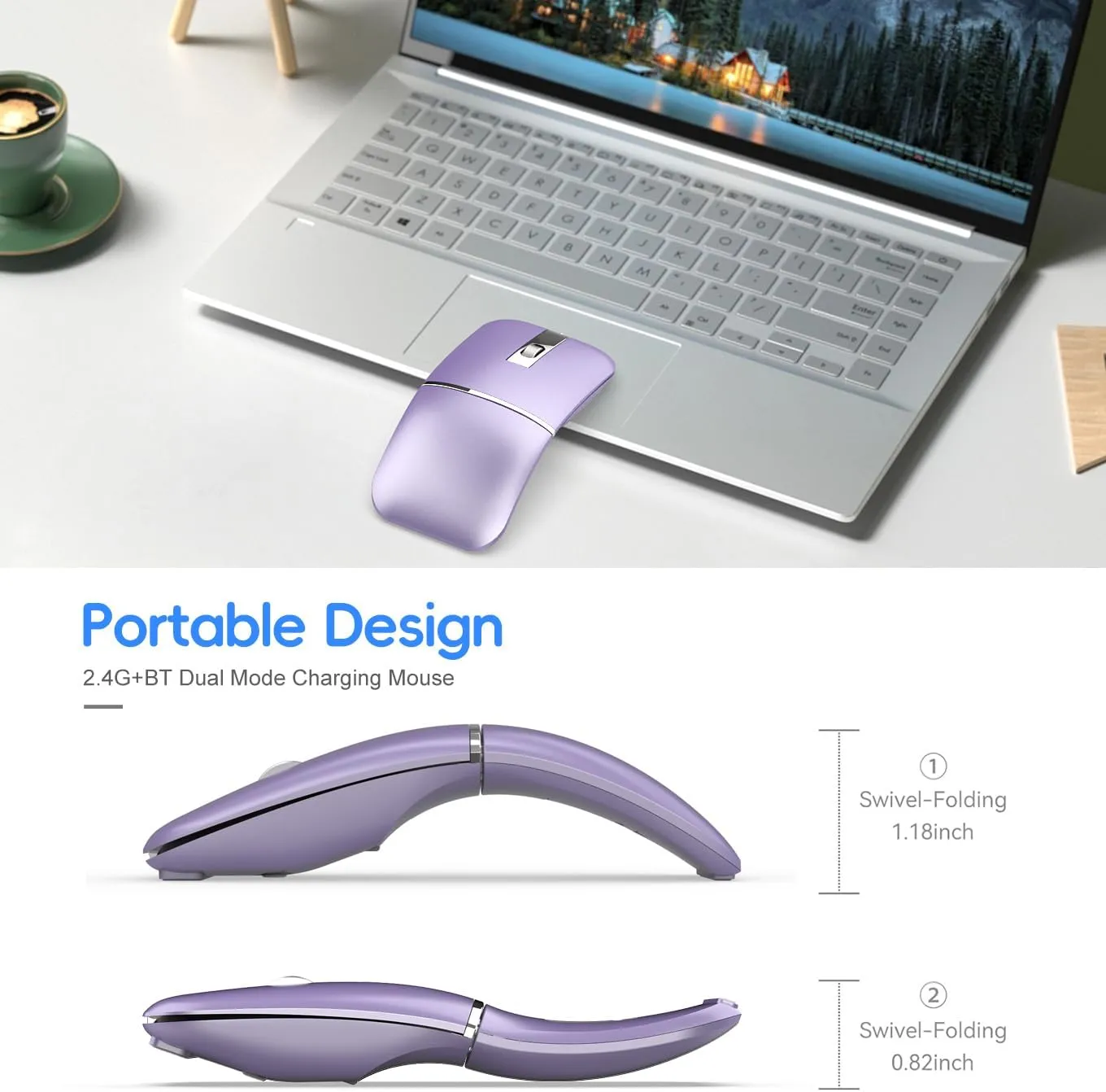 Foldable Bluetooth Travel Mouse,Wireless Portable 2.4G Arc Mice,Multi-Device (Bluetooth 2.4G),360° Rotating Rechargeable Flat Mice for Desktop PC Laptops Tablets-Purple
