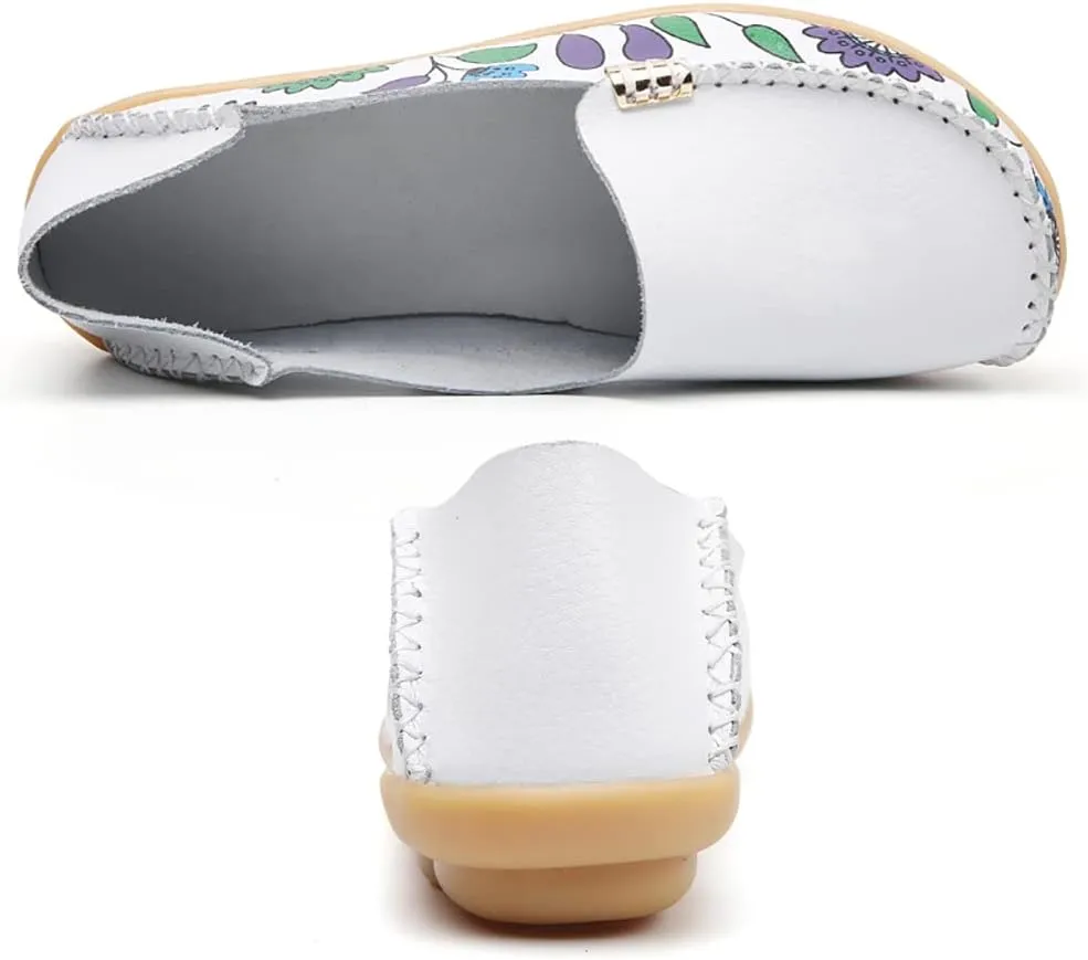 FolHaoth Women's Comfortable Leather Loafers Floral Print Slip On Moccasins Flats Casual Shoes for Women Round Toe Walking Nurse Breathable Driving Fashion Soft Shoes