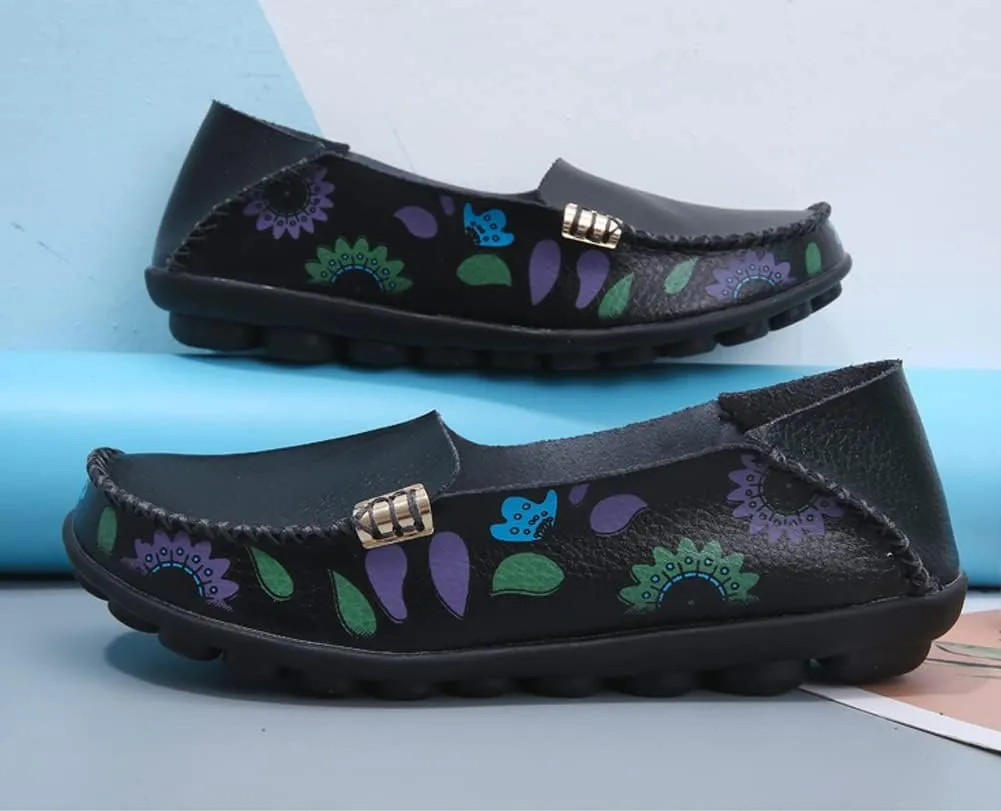FolHaoth Women's Comfortable Leather Loafers Floral Print Slip On Moccasins Flats Casual Shoes for Women Round Toe Walking Nurse Breathable Driving Fashion Soft Shoes