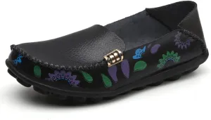 FolHaoth Women's Comfortable Leather Loafers Floral Print Slip On Moccasins Flats Casual Shoes for Women Round Toe Walking Nurse Breathable Driving Fashion Soft Shoes