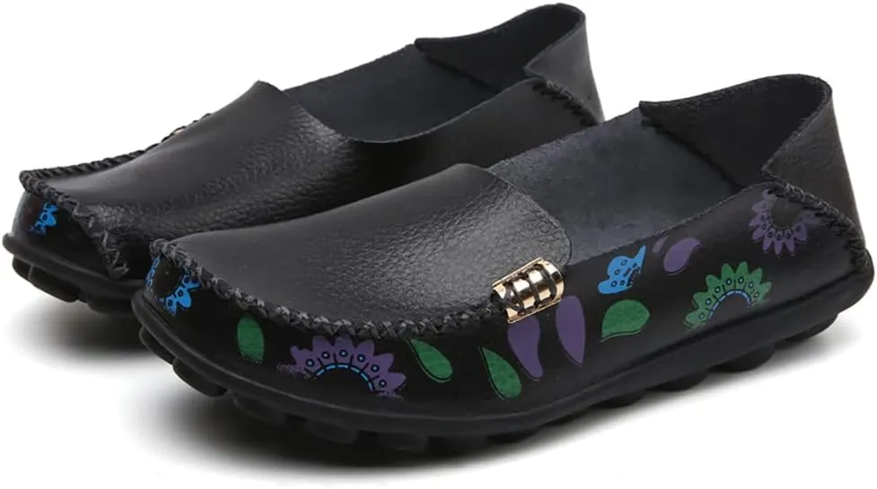 FolHaoth Women's Comfortable Leather Loafers Floral Print Slip On Moccasins Flats Casual Shoes for Women Round Toe Walking Nurse Breathable Driving Fashion Soft Shoes