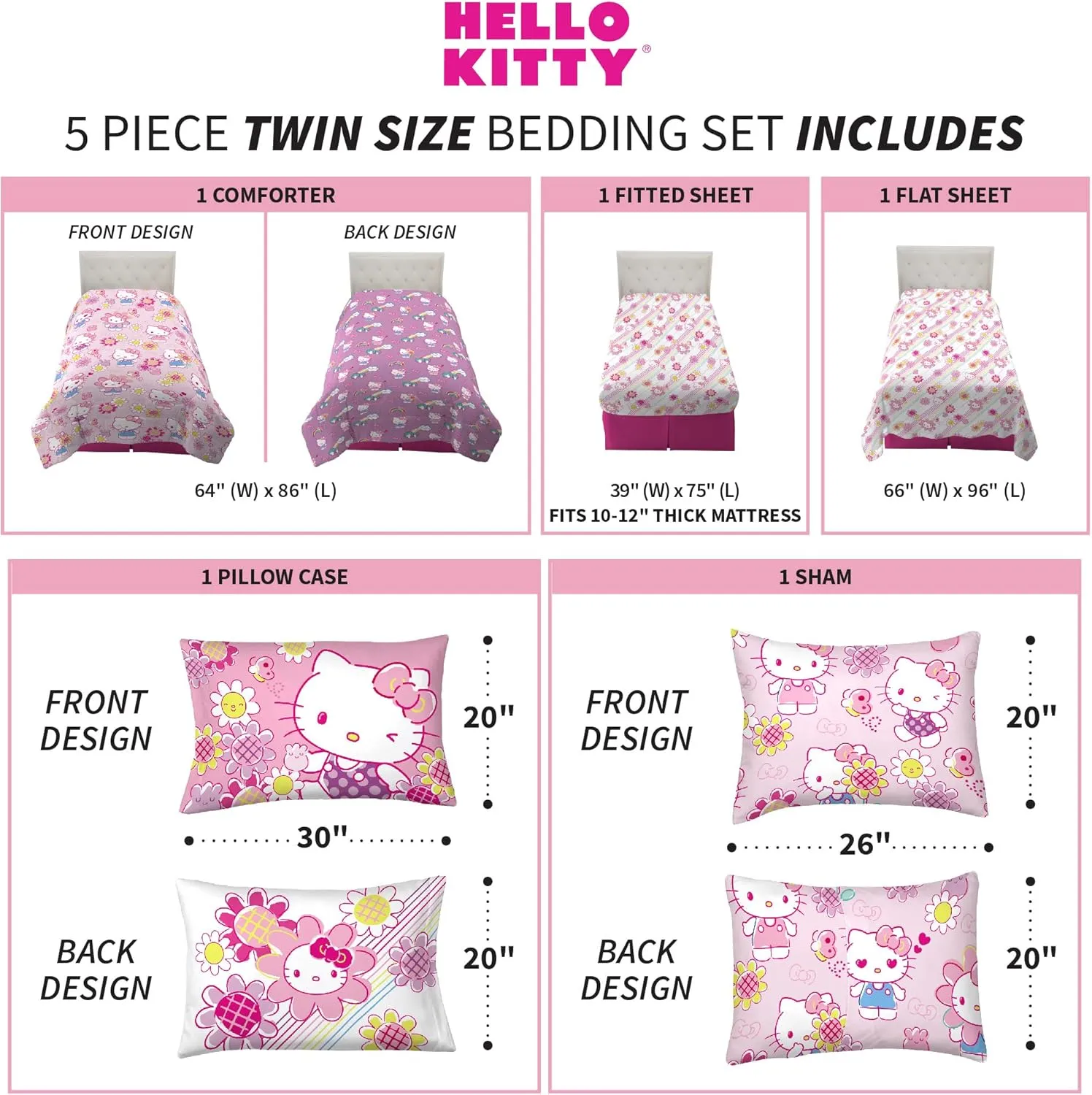 Franco Kids Bedding Super Soft Comforter and Sheet Set with Sham, 5 Piece Twin Size, Hello Kitty