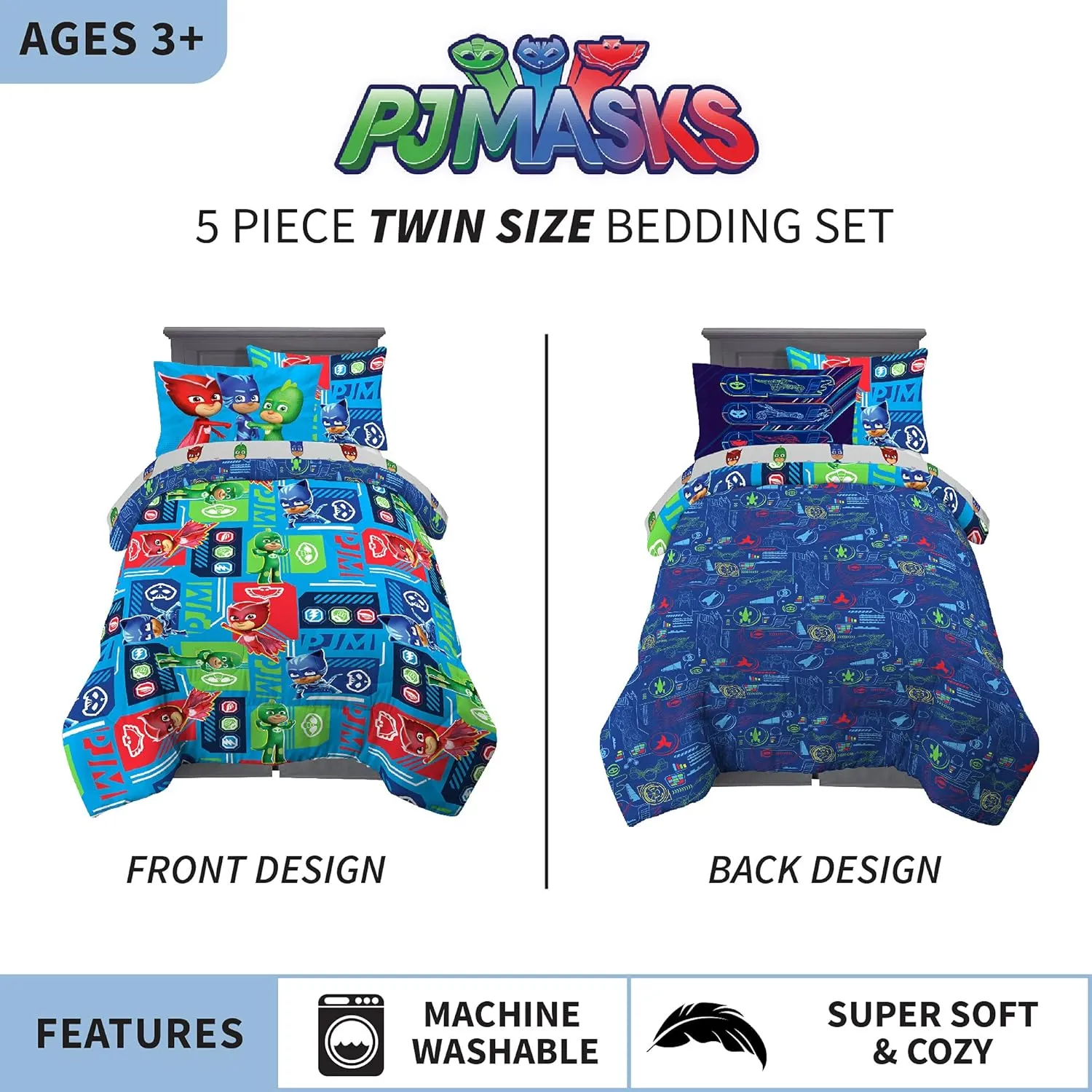 Franco Kids Bedding Super Soft Comforter and Sheet Set with Sham, 5 Piece Twin Size, PJ Masks