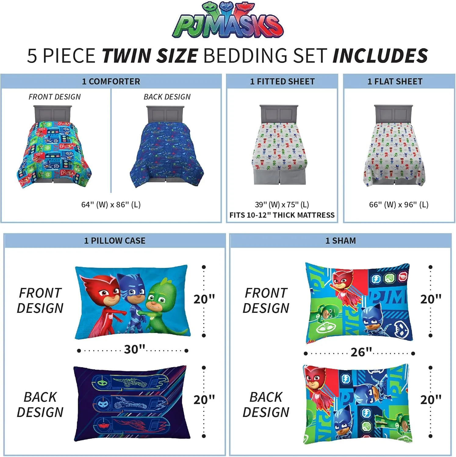 Franco Kids Bedding Super Soft Comforter and Sheet Set with Sham, 5 Piece Twin Size, PJ Masks