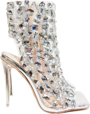 Frankie Hsu Ladies Girl Stiletto High Heeled Pumps Sandals, Nude Silver Patent Metallic Clear Gem PVC Ankle Designer Bootie Style, Big Large Size US4-14 Unisex Shoes For Women Men