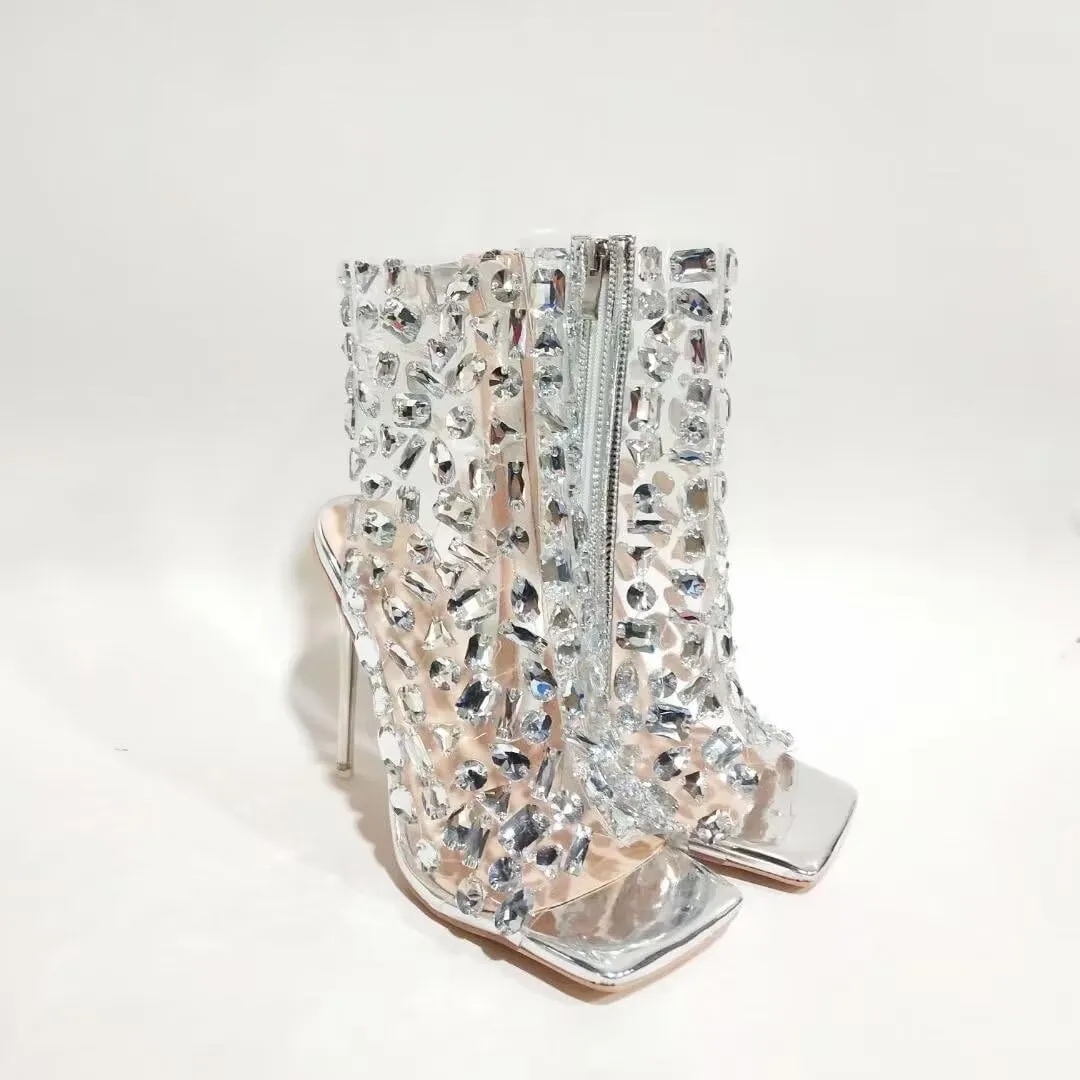Frankie Hsu Ladies Girl Stiletto High Heeled Pumps Sandals, Nude Silver Patent Metallic Clear Gem PVC Ankle Designer Bootie Style, Big Large Size US4-14 Unisex Shoes For Women Men