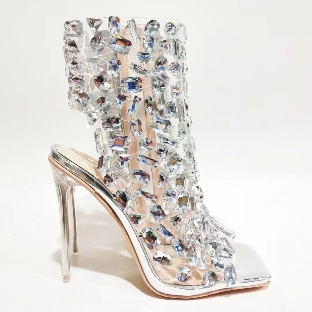 Frankie Hsu Ladies Girl Stiletto High Heeled Pumps Sandals, Nude Silver Patent Metallic Clear Gem PVC Ankle Designer Bootie Style, Big Large Size US4-14 Unisex Shoes For Women Men
