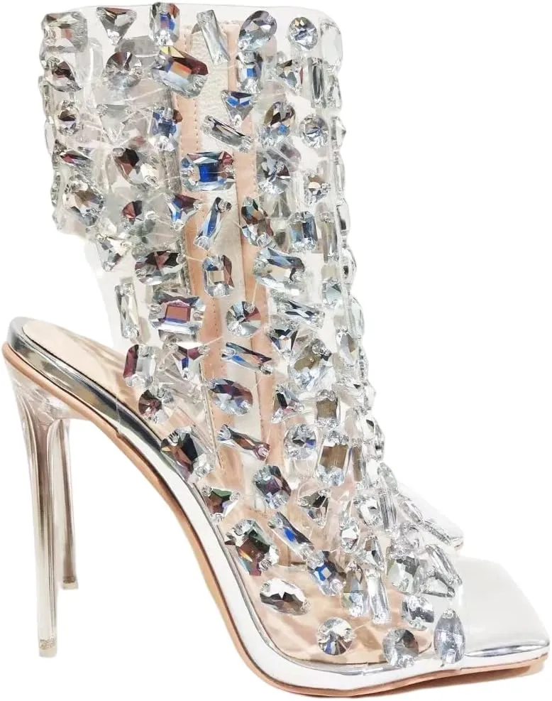 Frankie Hsu Ladies Girl Stiletto High Heeled Pumps Sandals, Nude Silver Patent Metallic Clear Gem PVC Ankle Designer Bootie Style, Big Large Size US4-14 Unisex Shoes For Women Men