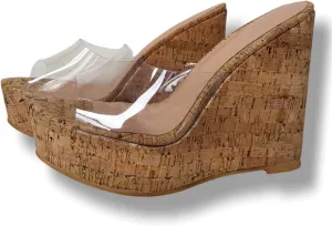 Frankie Hsu Ladies Sexy Platform Wedge Sandal, Clear Transparent PVC High Heeled Wood Oak Punk Slipper, Fashion Luxury Large Big Size US4-19 Unisex Shoes For Women Men