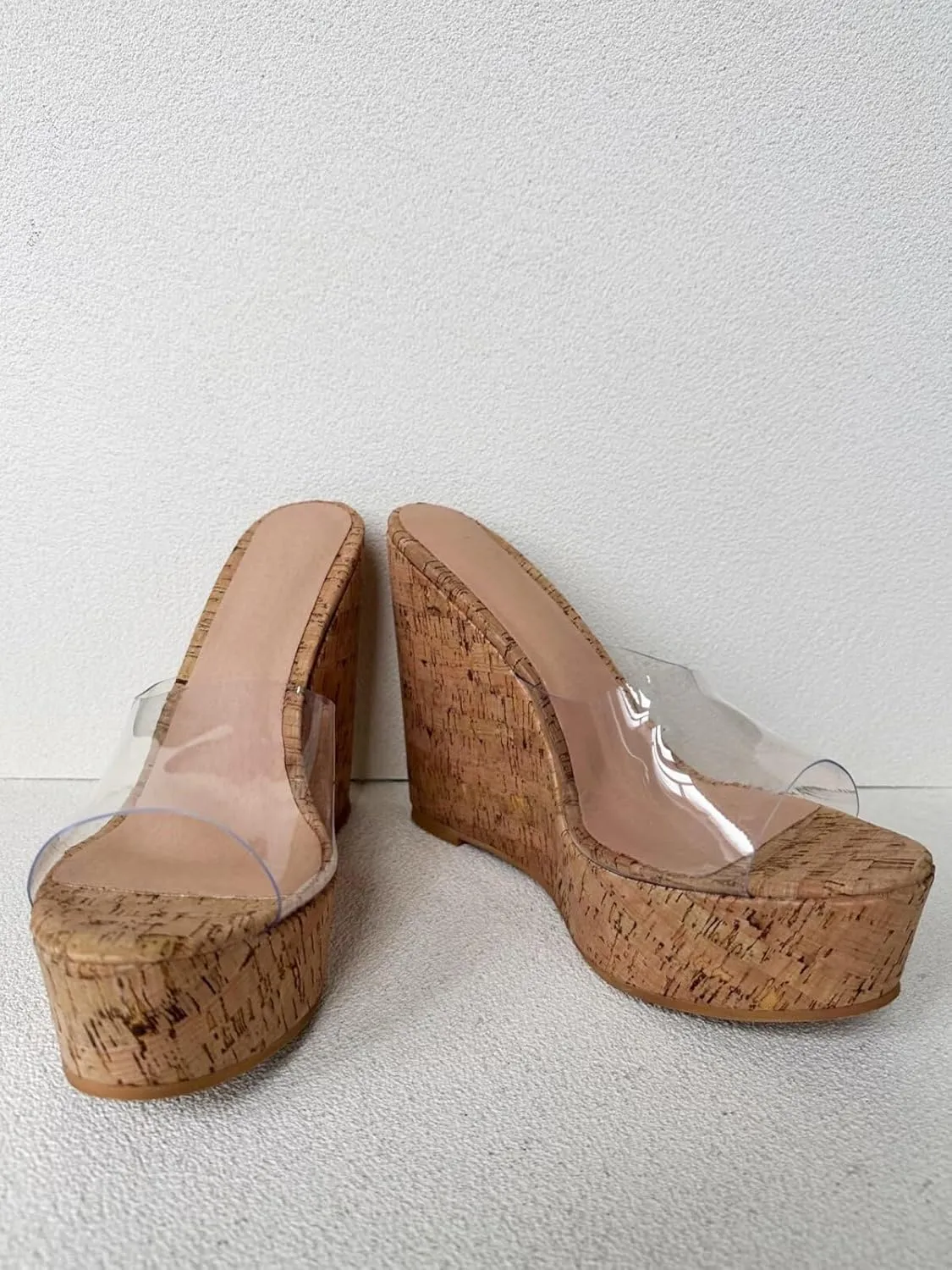 Frankie Hsu Ladies Sexy Platform Wedge Sandal, Clear Transparent PVC High Heeled Wood Oak Punk Slipper, Fashion Luxury Large Big Size US4-19 Unisex Shoes For Women Men