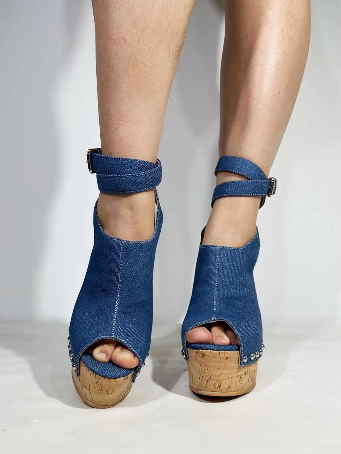Frankie Hsu Ladies Sexy Platform Wedge Sandals, Blue Denim Rivets High Heeled Oak, Large Big Size US5-19 Unisex Shoes For Women Men