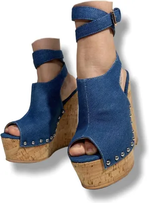 Frankie Hsu Ladies Sexy Platform Wedge Sandals, Blue Denim Rivets High Heeled Oak, Large Big Size US5-19 Unisex Shoes For Women Men