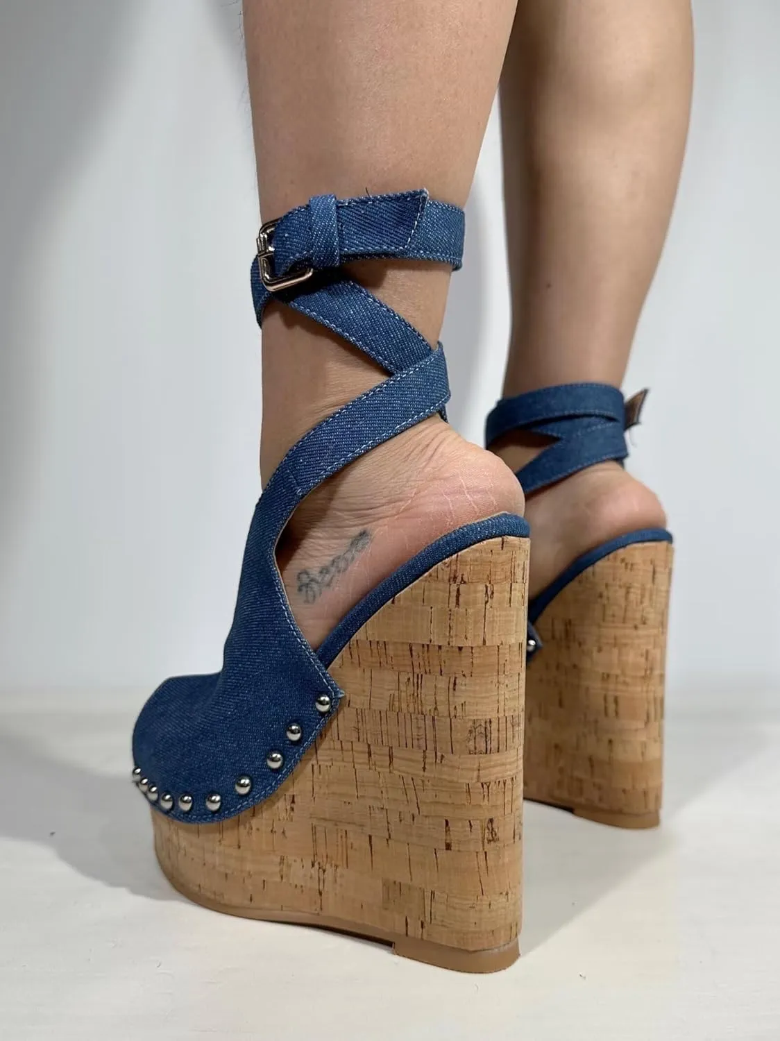 Frankie Hsu Ladies Sexy Platform Wedge Sandals, Blue Denim Rivets High Heeled Oak, Large Big Size US5-19 Unisex Shoes For Women Men