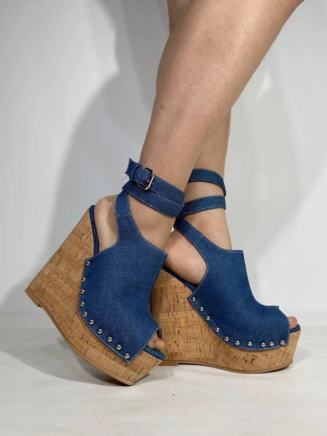 Frankie Hsu Ladies Sexy Platform Wedge Sandals, Blue Denim Rivets High Heeled Oak, Large Big Size US5-19 Unisex Shoes For Women Men