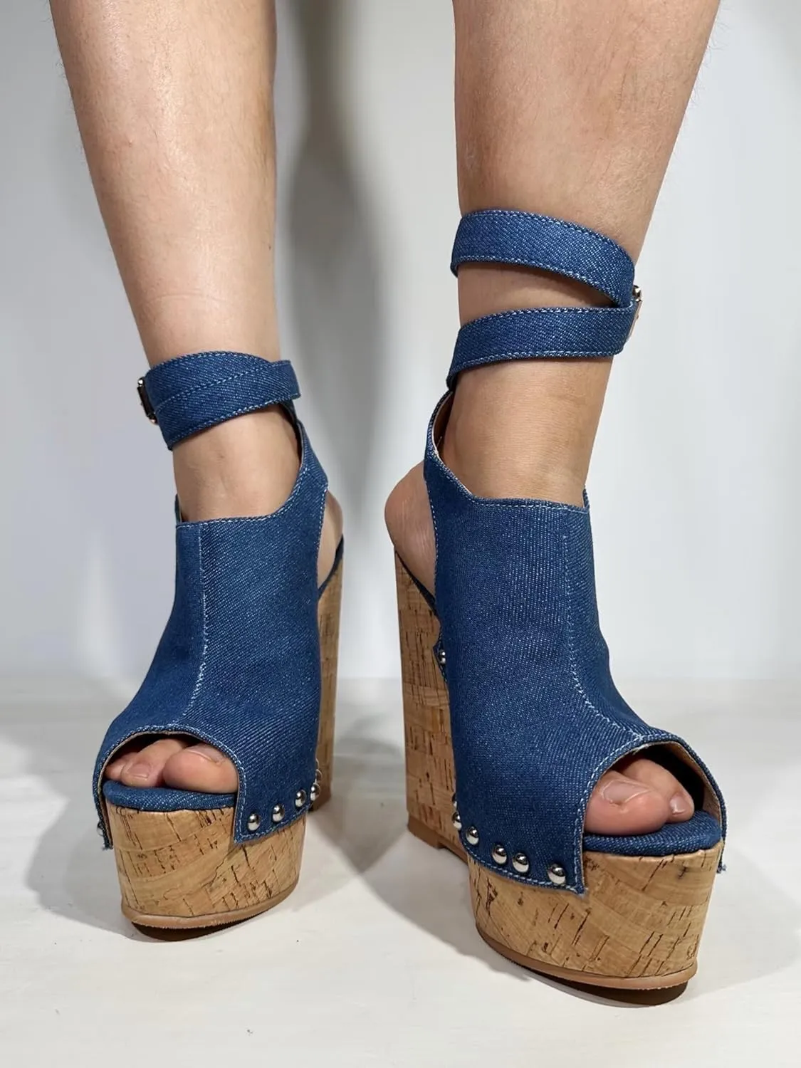 Frankie Hsu Ladies Sexy Platform Wedge Sandals, Blue Denim Rivets High Heeled Oak, Large Big Size US5-19 Unisex Shoes For Women Men