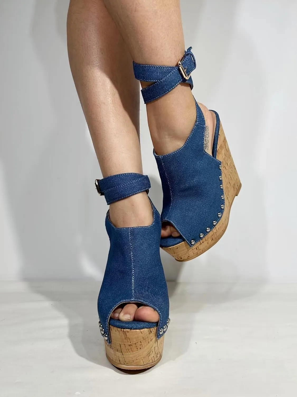 Frankie Hsu Ladies Sexy Platform Wedge Sandals, Blue Denim Rivets High Heeled Oak, Large Big Size US5-19 Unisex Shoes For Women Men
