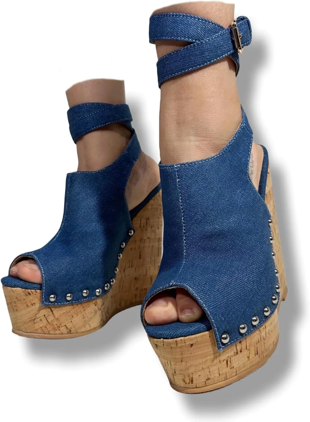 Frankie Hsu Ladies Sexy Platform Wedge Sandals, Blue Denim Rivets High Heeled Oak, Large Big Size US5-19 Unisex Shoes For Women Men