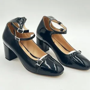 FSJ Black Chunky Block Low Heel Pumps Round Toe Ankle Strap Comfortable Wedding