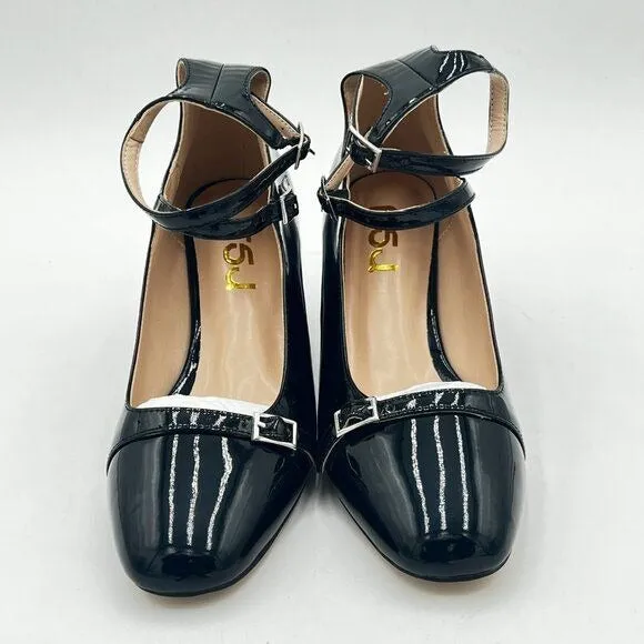 FSJ Black Chunky Block Low Heel Pumps Round Toe Ankle Strap Comfortable Wedding