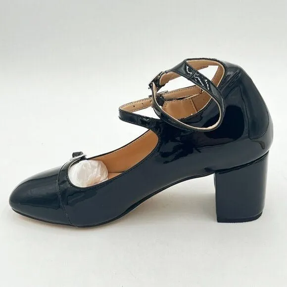FSJ Black Chunky Block Low Heel Pumps Round Toe Ankle Strap Comfortable Wedding