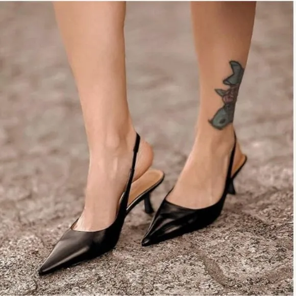 FSJ Black Kitten Heel Slingback Sandal Pointy Toe Sexy Pumps Comfortable Shoes