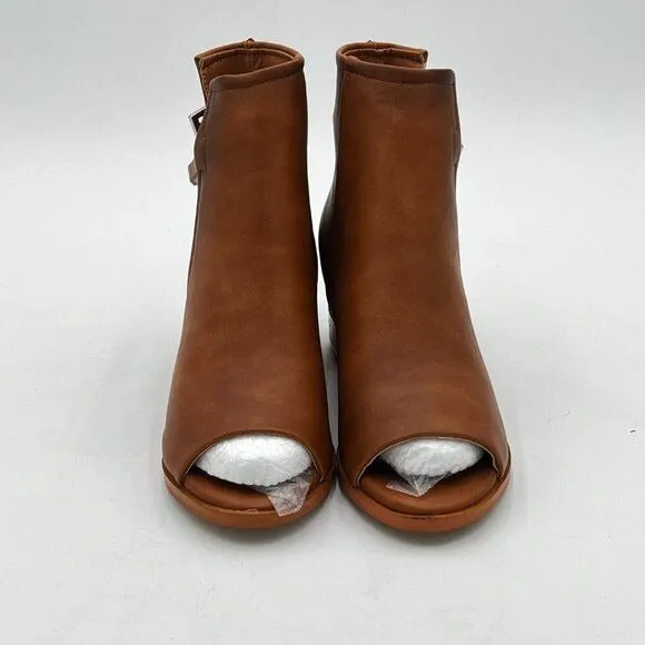 FSJ Brown Peep Open Toe Boot Cut Out Buckle Ankle Bootie Comfortable Shoes