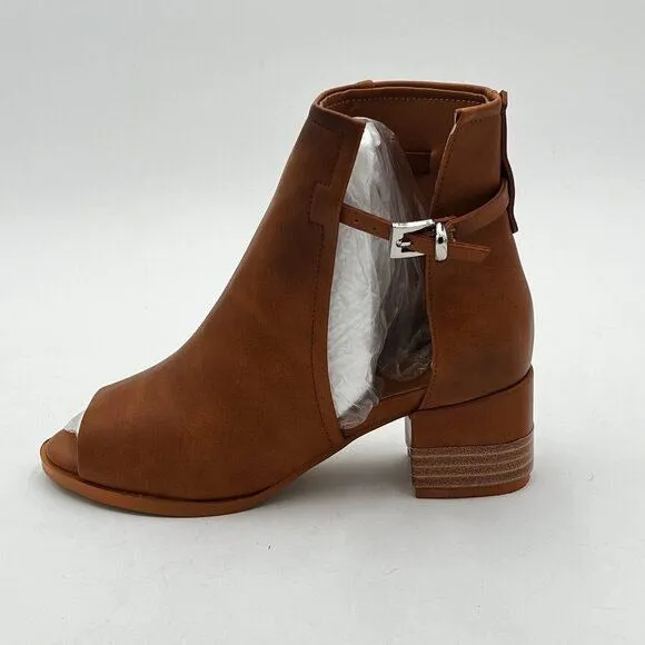 FSJ Brown Peep Open Toe Boot Cut Out Buckle Ankle Bootie Comfortable Shoes
